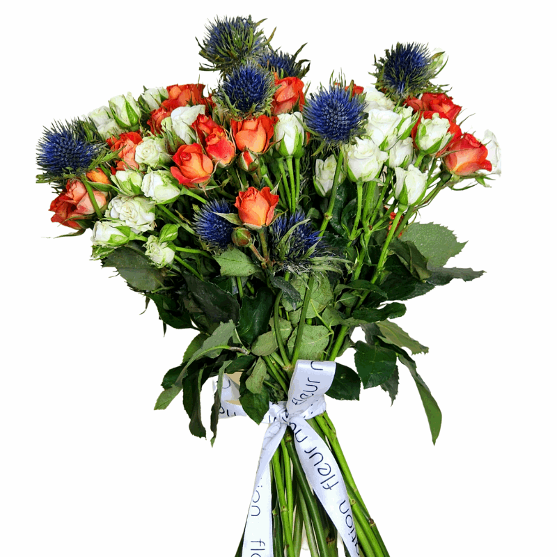 Orange Magnetar - Spray Rose and Eryngiums - Fleur Nation - flowers, chocolates, cakes and gifts same day delivery in Dubai