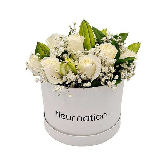 Bloom Box - White Roses and Lilies - Fleur Nation - flowers, chocolates, cakes and gifts same day delivery in Dubai