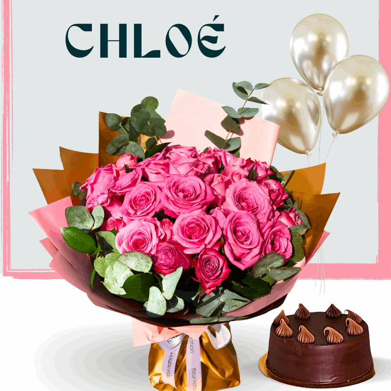 Chloe - Rose Bouquet, Chocolate Fudge Cake & Balloons - Fleur Nation - flowers, chocolates, cakes and gifts same day delivery in Dubai