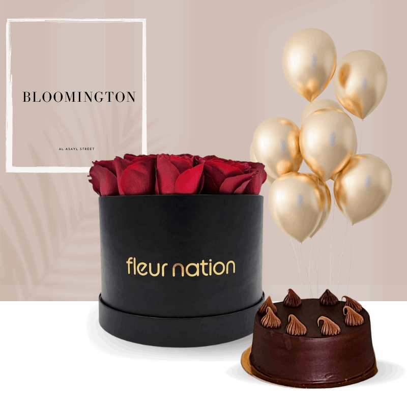 Bloomington - 20 Roses bloombox, cake and balloons - Fleur Nation - flowers, chocolates, cakes and gifts same day delivery in Dubai