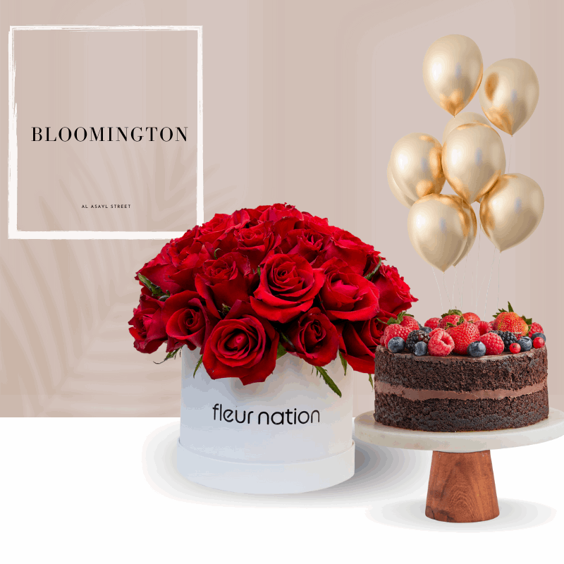 Blooming Vega  - Bloombox with Vegan Chocolate Cake & balloons - Fleur Nation - flowers, chocolates, cakes and gifts same day delivery in Dubai