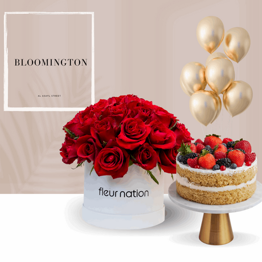 Blooming Vega  - Bloombox with Vegan Strawberry Cake & balloons - Fleur Nation - flowers, chocolates, cakes and gifts same day delivery in Dubai