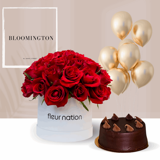 Bloomington Rouge - 40 Premium Rose bloombox cake and balloon - Fleur Nation - flowers, chocolates, cakes and gifts same day delivery in Dubai