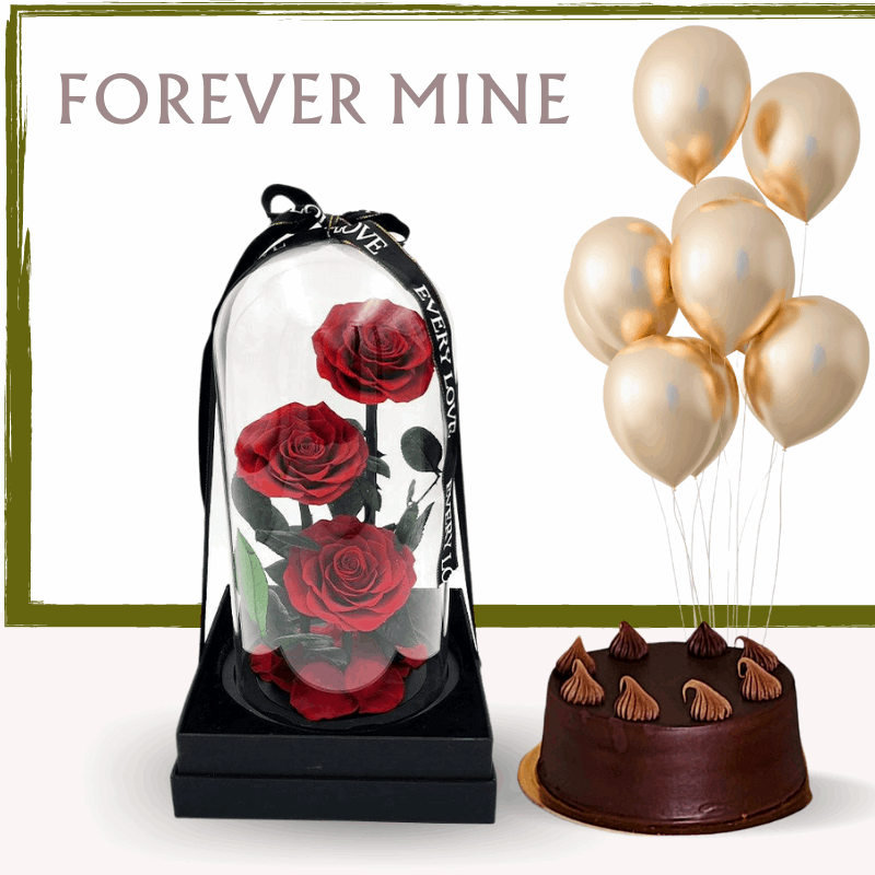 Forever Mine - Forever Rose, Chocolate Fudge Cake & Balloons - Fleur Nation - flowers, chocolates, cakes and gifts same day delivery in Dubai