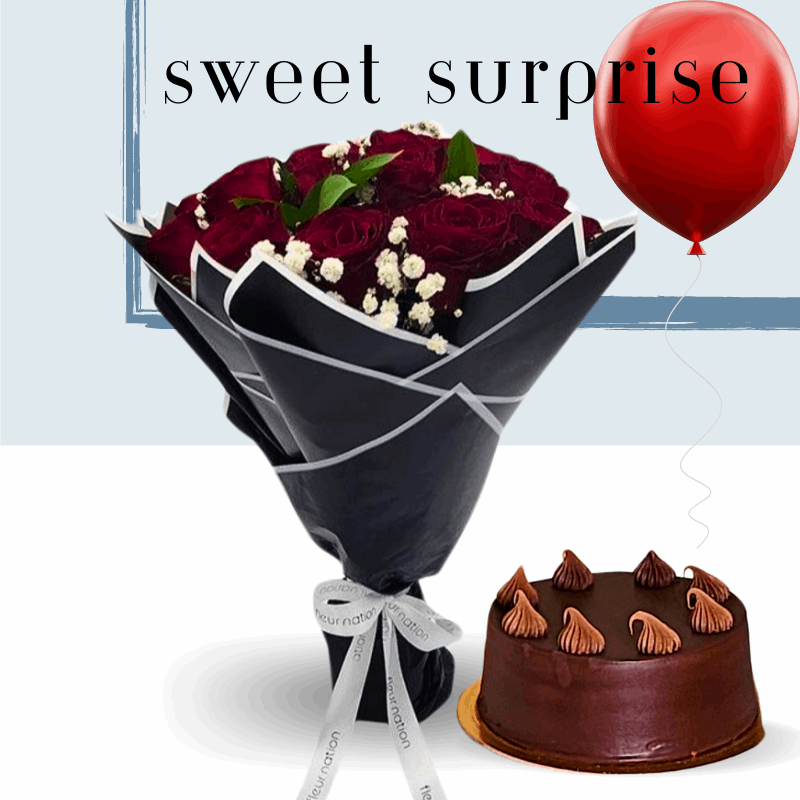 Sweet Surprise - Red Roses, Cake and Balloon - Fleur Nation - flowers, chocolates, cakes and gifts same day delivery in Dubai