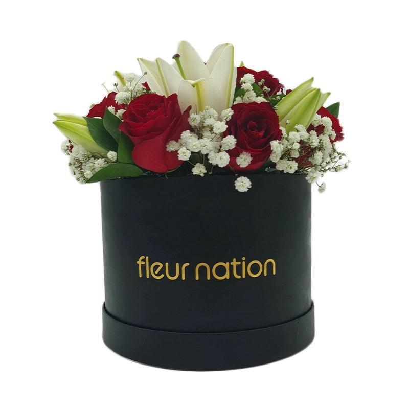 Premium Bloom Box - Red Roses with Lilies - Fleur Nation - flowers, chocolates, cakes and gifts same day delivery in Dubai