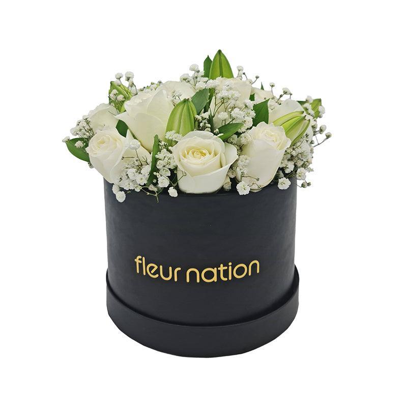 Premium Bloom Box- White Roses with Lilies - Fleur Nation - flowers, chocolates, cakes and gifts same day delivery in Dubai