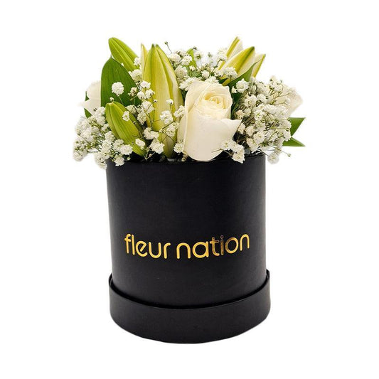 Standard Black Hat Box - White Roses with Lilies - Fleur Nation - flowers, chocolates, cakes and gifts same day delivery in Dubai