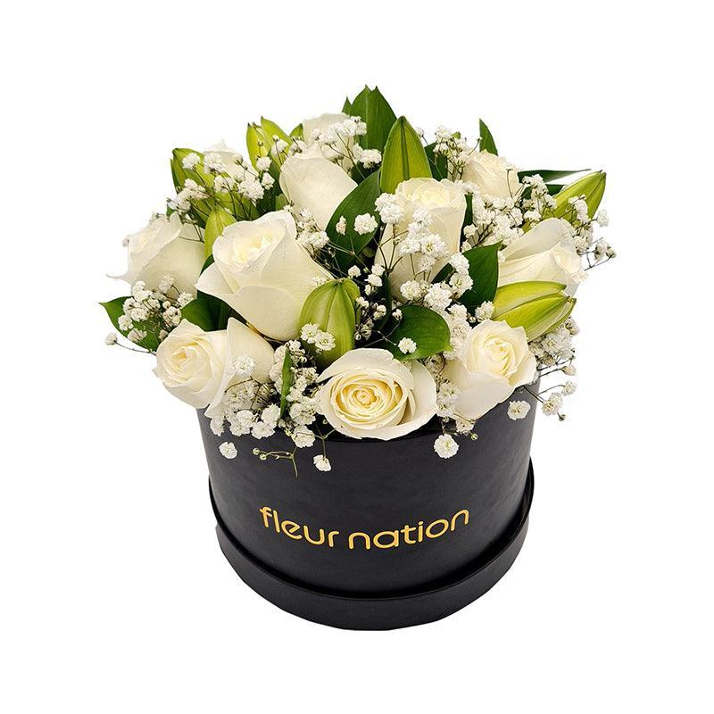 Premium Bloom Box- White Roses with Lilies - Fleur Nation - flowers, chocolates, cakes and gifts same day delivery in Dubai