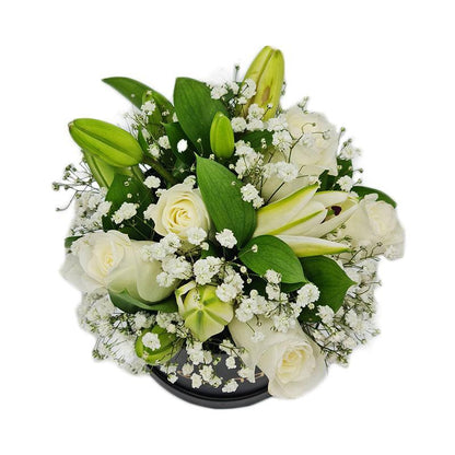 Standard Black Hat Box - White Roses with Lilies - Fleur Nation - flowers, chocolates, cakes and gifts same day delivery in Dubai
