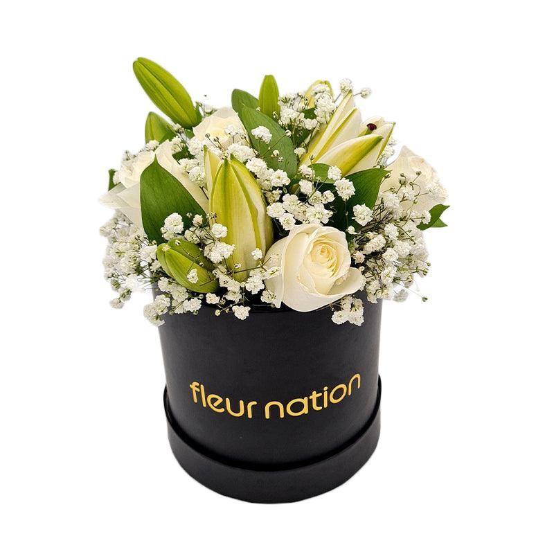 Standard Black Hat Box - White Roses with Lilies - Fleur Nation - flowers, chocolates, cakes and gifts same day delivery in Dubai