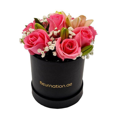 Standard Black Hat Box - Pink Roses with Lilies - Fleur Nation - flowers, chocolates, cakes and gifts same day delivery in Dubai