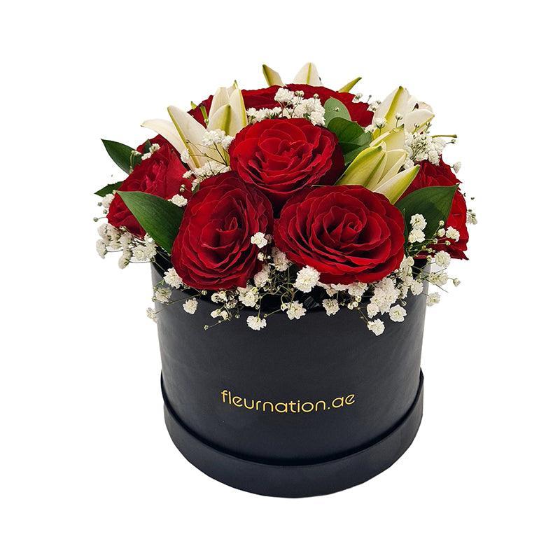 Standard Black Hat Box - Red Roses with Lilies - Fleur Nation - flowers, chocolates, cakes and gifts same day delivery in Dubai