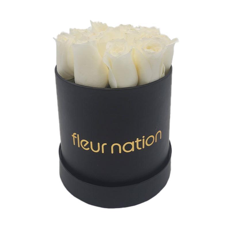 Standard Black Hat Box - White Roses - Fleur Nation - flowers, chocolates, cakes and gifts same day delivery in Dubai