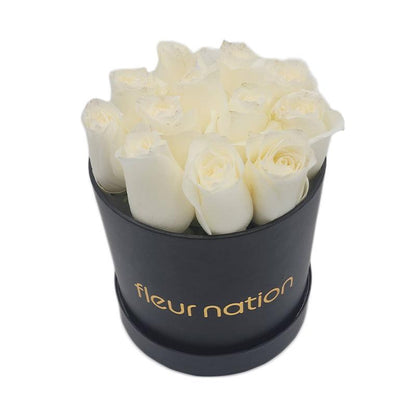 Standard Black Hat Box - White Roses - Fleur Nation - flowers, chocolates, cakes and gifts same day delivery in Dubai