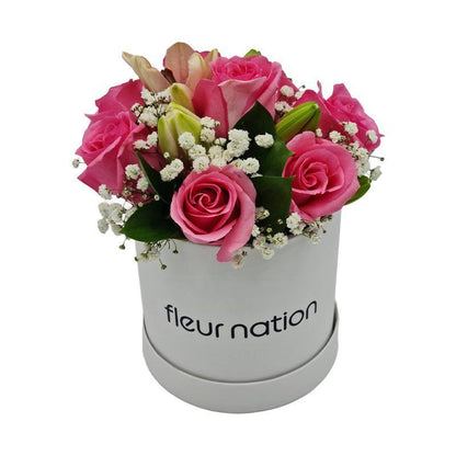 Standard White Hat Box - Pink Roses and Lilies - Fleur Nation - flowers, chocolates, cakes and gifts same day delivery in Dubai