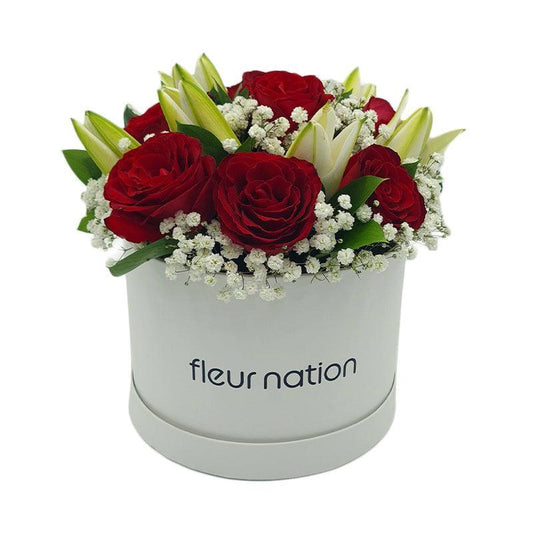 Standard White Hat Box - Red Roses and Lilies - Fleur Nation - flowers, chocolates, cakes and gifts same day delivery in Dubai