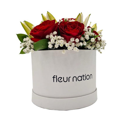 Standard White Hat Box - Red Roses and Lilies - Fleur Nation - flowers, chocolates, cakes and gifts same day delivery in Dubai