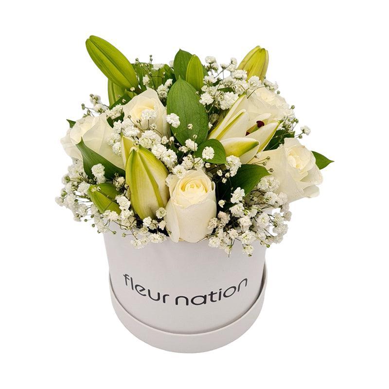Standard White Hat Box - White Roses and Lilies - Fleur Nation - flowers, chocolates, cakes and gifts same day delivery in Dubai