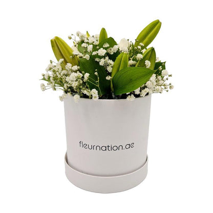 Standard White Hat Box - White Roses and Lilies - Fleur Nation - flowers, chocolates, cakes and gifts same day delivery in Dubai
