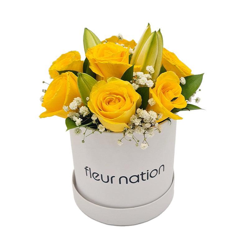 Standard White Hat Box - Yellow Roses and Lilies - Fleur Nation - flowers, chocolates, cakes and gifts same day delivery in Dubai