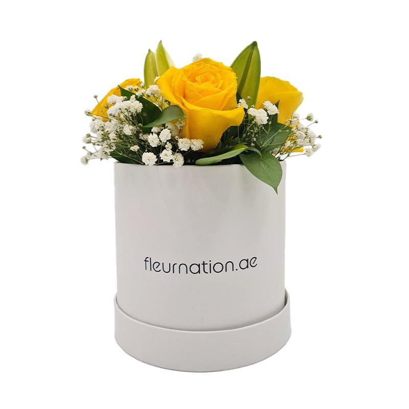 Standard White Hat Box - Yellow Roses and Lilies - Fleur Nation - flowers, chocolates, cakes and gifts same day delivery in Dubai
